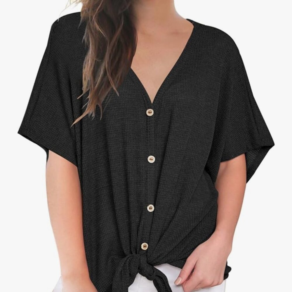 Plus Size Black Waffle Knit Tie Front Tee – Miholl (XXL, Relaxed Fit)